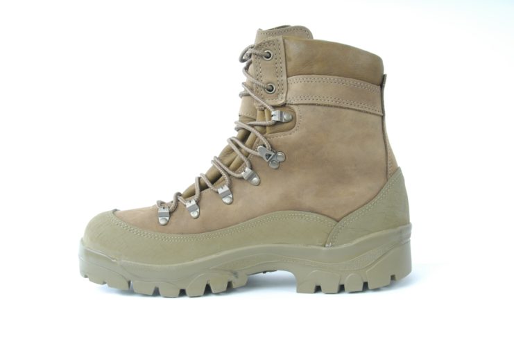 Side profile of a tan-colored boot