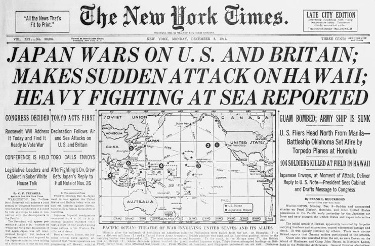 Front page of The New York Times following the attack on Pearl Harbor