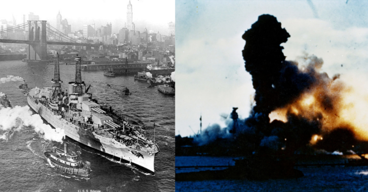 USS Arizona (BB-39) sailing past a bridge + USS Arizona (BB-39) shrouded in smoke