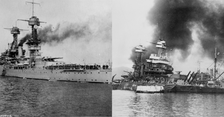 USS California (BB-44) at sea + USS California (BB-44) partially below the water at Pearl Harbor