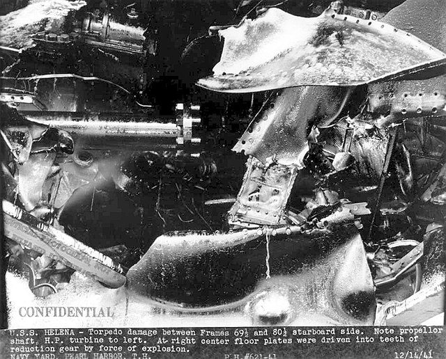 Close-up of the damage caused to the USS Helena (CL-50) during the attack on Pearl Harbor
