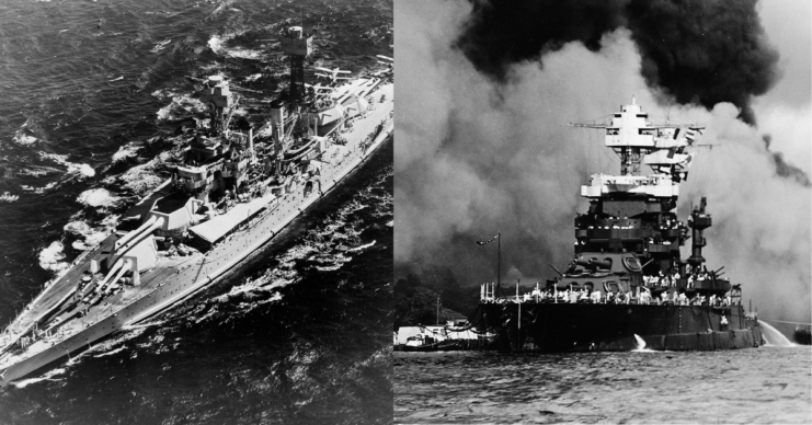 USS Maryland (BB-46) at sea + USS Maryland (BB-46) sailing in front of a cloud of smoke
