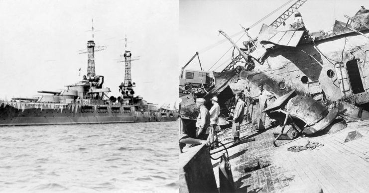 USS Oklahoma (BB-37) at sea + US Navy personnel on the deck of the damaged USS Oklahoma (BB-37)