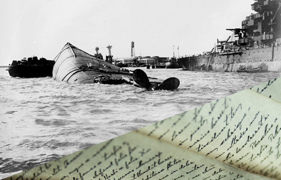USS Maryland (BB-46) sailing past the capsized USS Oklahoma (BB-37) + Handwritten letters