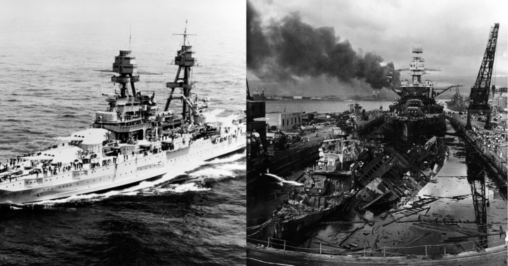 USS Pennsylvania (BB-38) at sea + USS Cassin (DD-372), Downes (DD-375) and Pennsylvania (BB-38) damaged in the drydock at Pearl Harbor