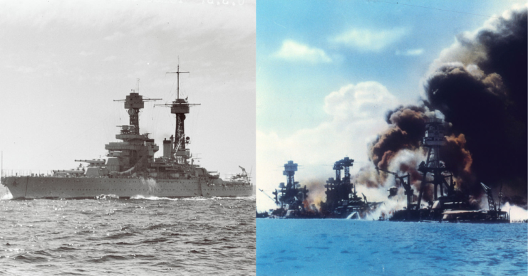 USS Tennessee (BB-43) at sea + USS West Virginia (BB-48), Tennessee (BB-43) and Arizona (BB-39) shrouded in smoke
