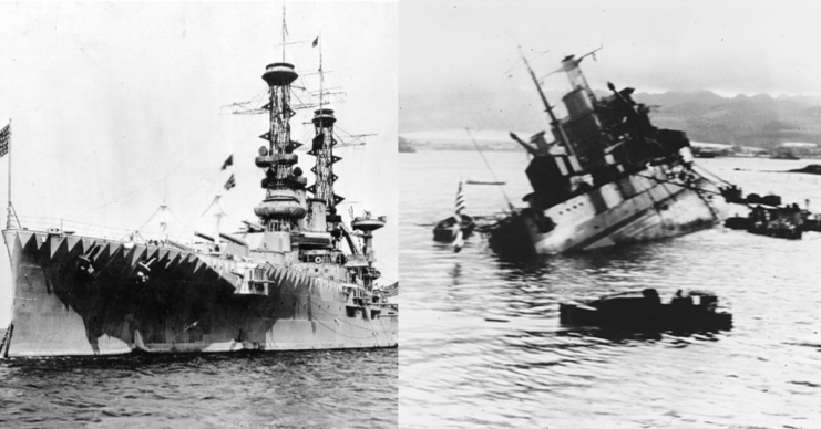 USS Utah (BB-31) at sea + USS Utah (BB-31) partially capsized in the water