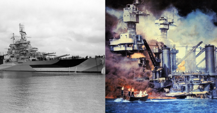 USS West Virginia (BB-48) at sea + USS West Virginia (BB-48) shrouded in smoke and flames