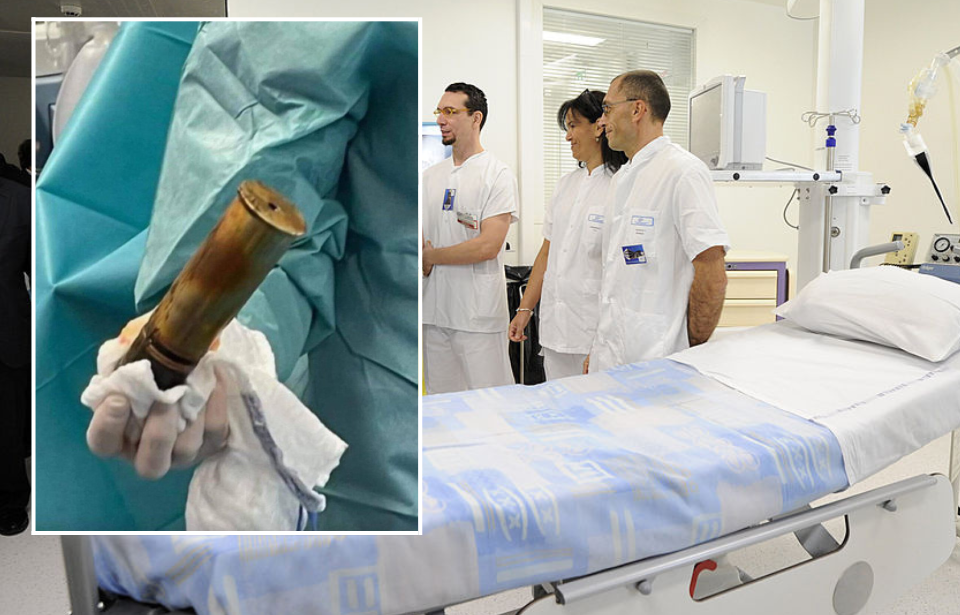 Nurses stood around a hospital bed + Surgeon holding a WWI-era shell