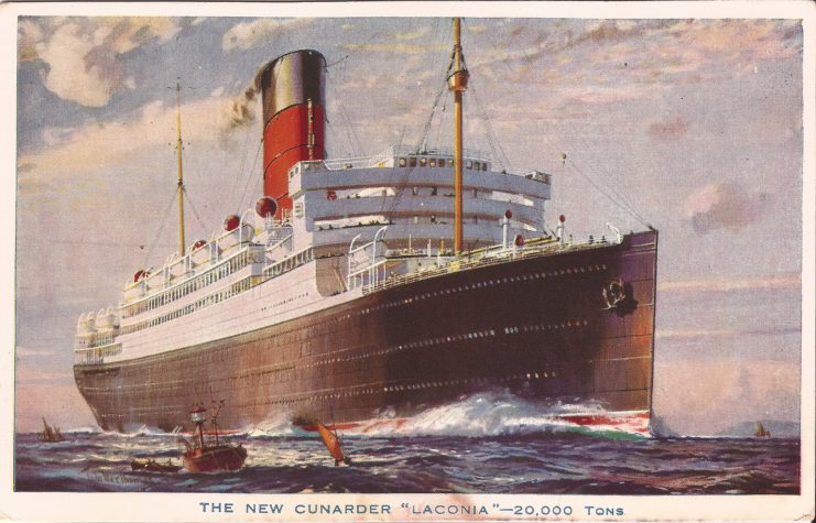 Postcard featuring an illustration of the RMS Laconia (1921)