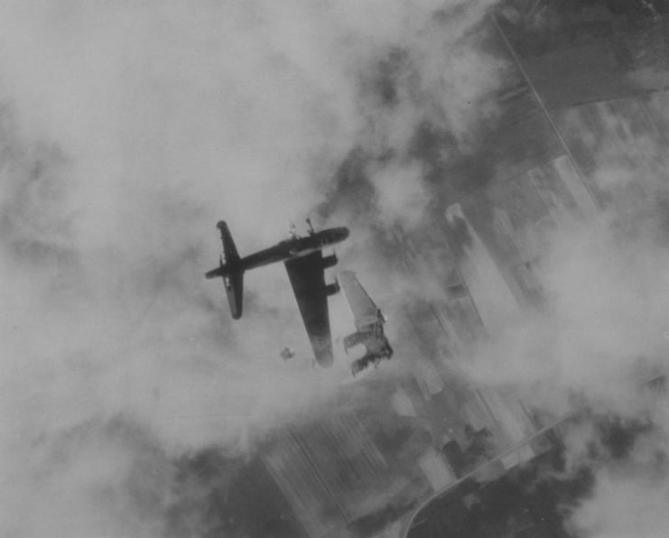 Boeing B-17G Flying Fortress 'Wee Willie' falling through the sky with one of its wings detached