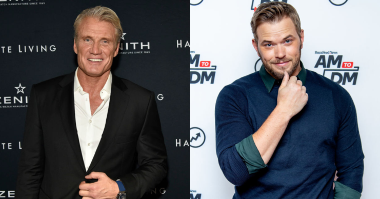 Dolph Lundgren standing on a red carpet + Kellan Lutz standing on a red carpet