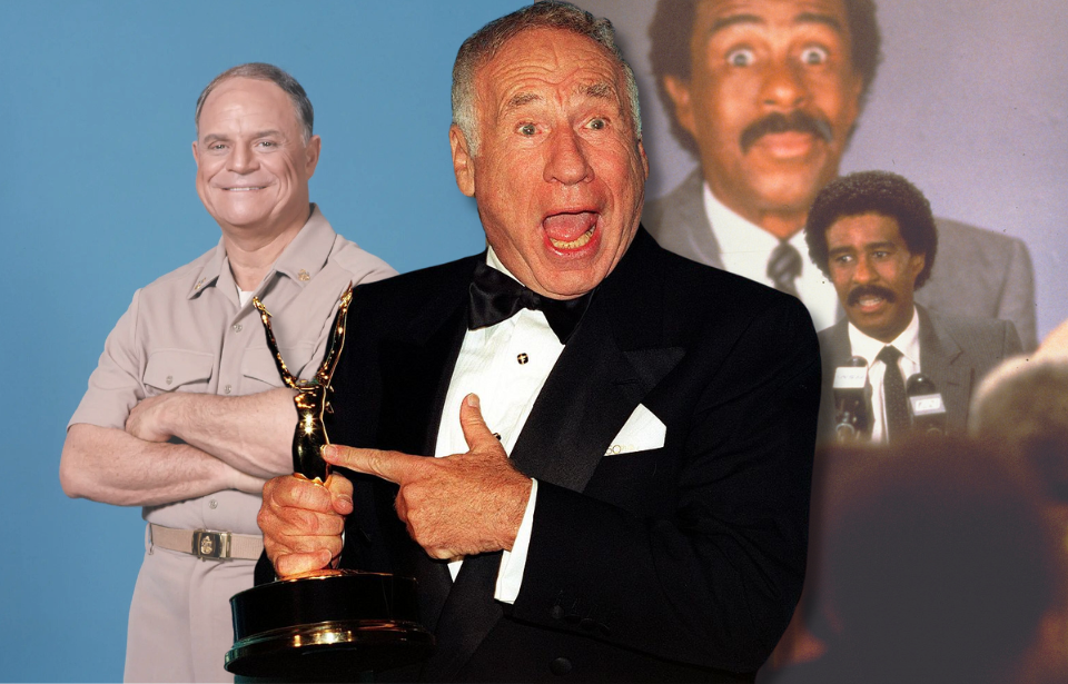 Don Rickles as CPO Otto Sharkey in 'C.P.O. Sharkey' + Mel Brooks holding an Emmy Award + Richard Pryor as Montgomery Brewster in 'Brewster's Millions'