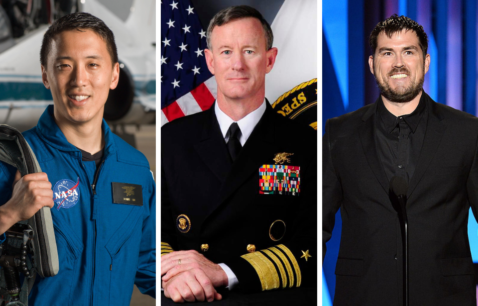 NASA portrait of Jonny Kim + Military portrait of William McRaven + Marcus Luttrell standing on stage