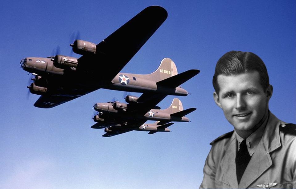 Three Boeing B-17 Flying Fortresses in flight + Military portrait of Joseph P. Kennedy Jr.