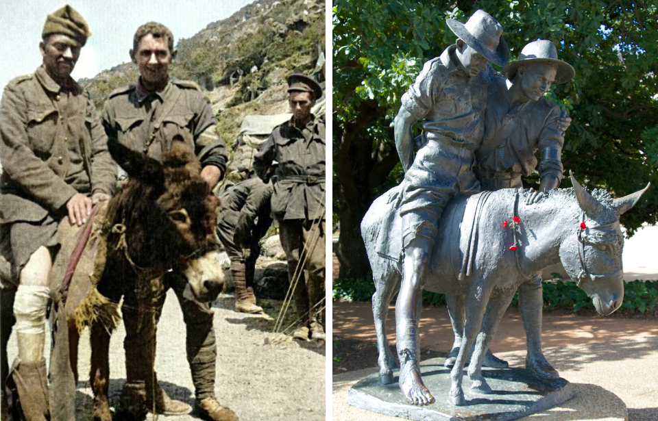 John Simpson Kirkpatrick and Duffy the donkey aiding an injured soldier + Statue of John Simpson Kirkpatrick and Duffy the donkey aiding an injured soldier