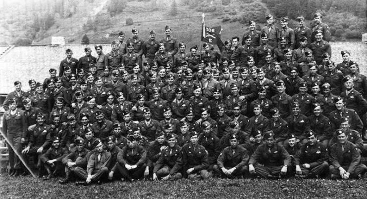 Group photo of the members of "Easy" Company, 2nd Battalion, 506th Parachute Infantry Regiment, 101st Airborne Division