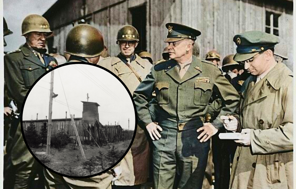 Dwight D. Eisenhower and George Patton standing with other US military officials + Exterior of Ohrdruf concentration camp