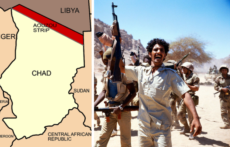 Map showing the location of the Aouzou Strip between Chad and Libya + Libyan soldiers raising their firearms in victory