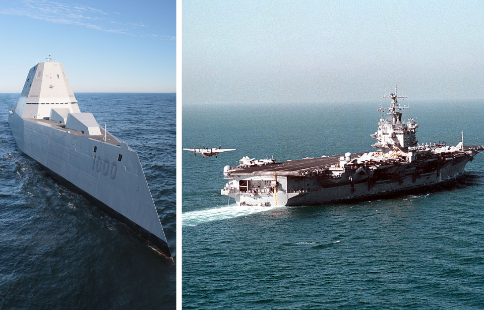 USS Zumwalt (DG-1000) at sea + USS Enterprise (CVN-65) at sea