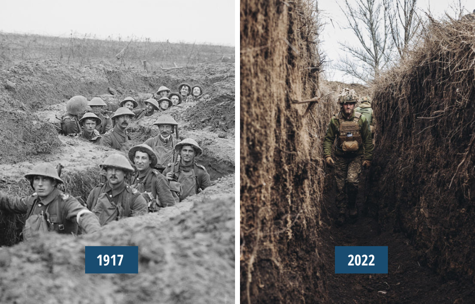 Soldiers walking through a trench during World War I + Ukrainian soldier standing in a trench