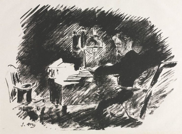 Illustration of a man sitting at a desk lit only by a lamp