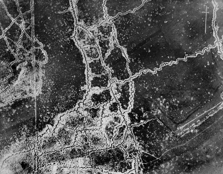 Aerial view of trenches spanning between Loos and Hulluch, in France
