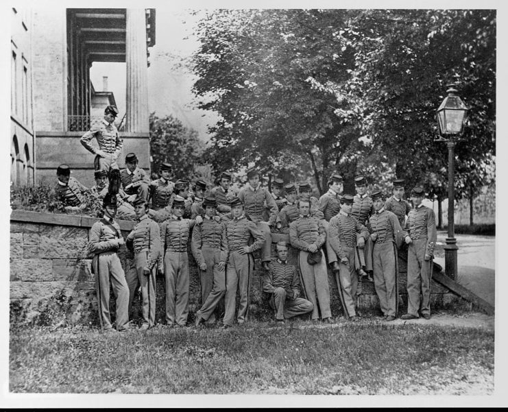 US Military Academy West Point students standing together in uniform