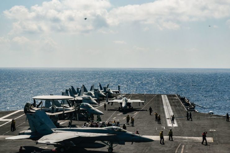 McDonnell Douglas F-18 Hornets parked on the flight deck of the USS Harry S. Truman (CVN-75)