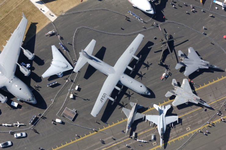 Aerial view of military aircraft parked on a runway