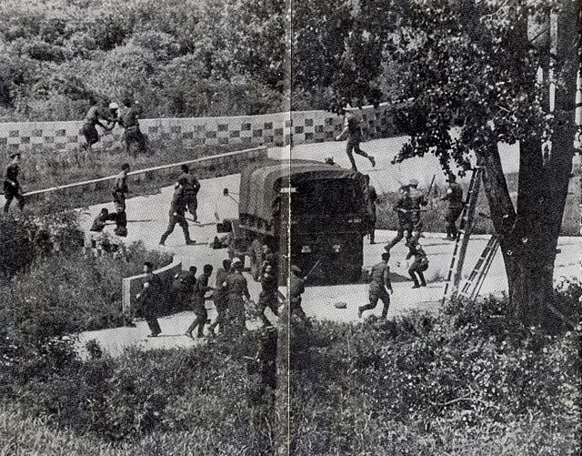 North Korean soldiers attacking Korean Special Corps (KSC) and UN Command (UNC) personnel in the Joint Security Area (JSA) during the Korean Axe Murder Incident