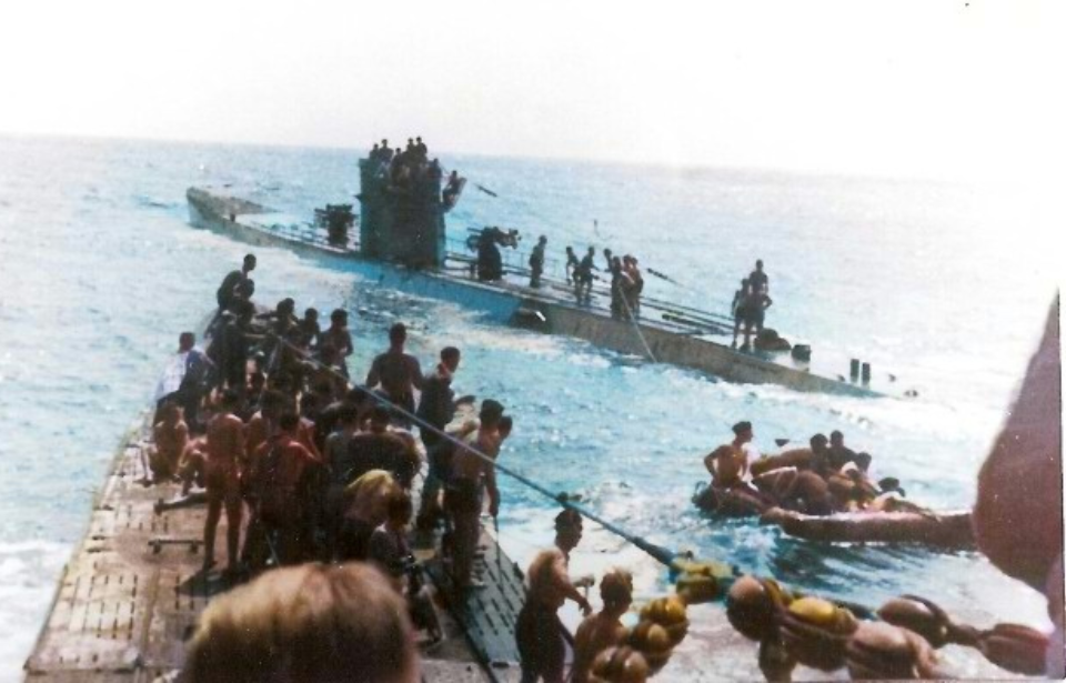 Survivors of the Laconia Incident standing on the top decks of the U-156 and U-507