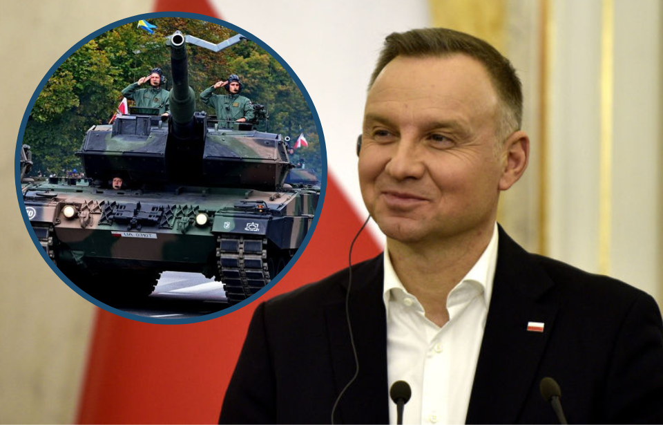 Andrzej Duda standing at a podium + Polish soldiers manning a Leopard 2A5