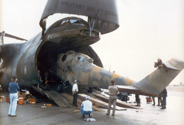 Mil Mi-25 Hind D being loaded into the cargo bay of a Lockheed C-5 Galaxy
