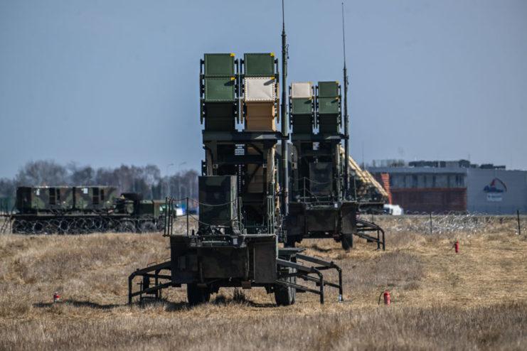 Two MIM-104 Patriot missiles positioned toward the sky