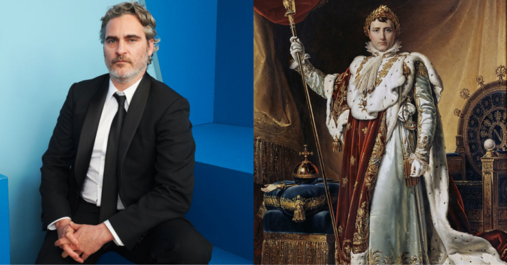 Joaquin Phoenix sitting in a blue room + Portrait of Napoleon Bonaparte