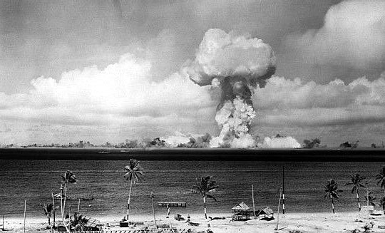 Mushroom cloud rising above the Pacific Ocean