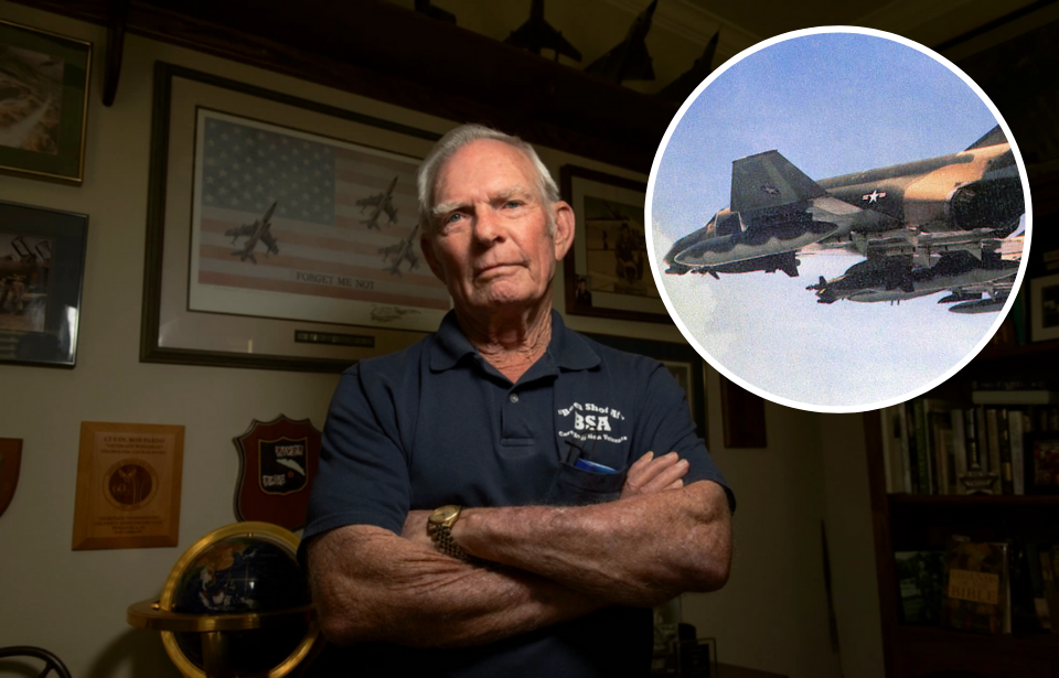 John "Bob" Pardo standing with his arms crossed + McDonnell Douglas F-4 Phantom II in flight