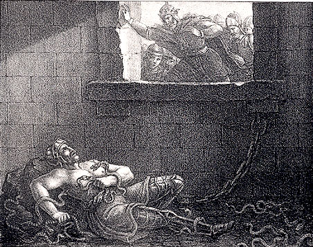 Illustration of Ragnar Loðbrok being thrown into a pit of venomous snakes by King Ælla