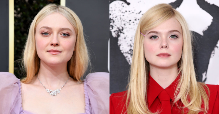 Dakota Fanning standing on a red carpet + Elle Fanning standing on a red carpet