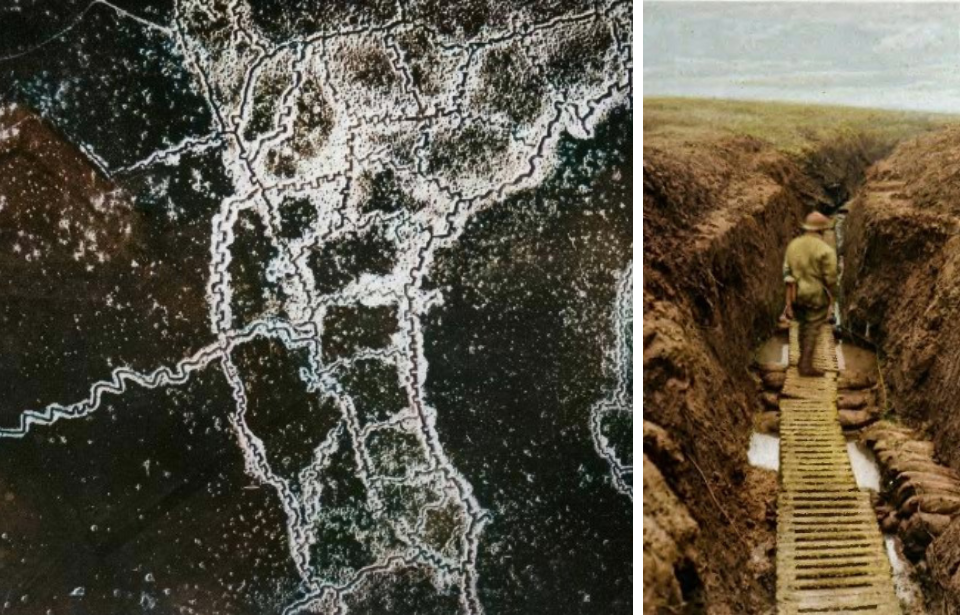 Aerial view of trenches on the Western Front + Soldier walking across a wooden bridge in a trench