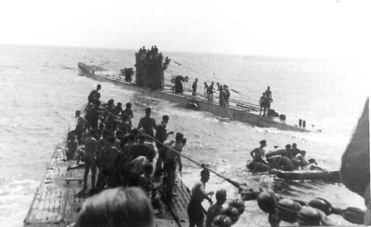 Survivors of the Laconia Incident standing on the top decks of the U-156 and U-507