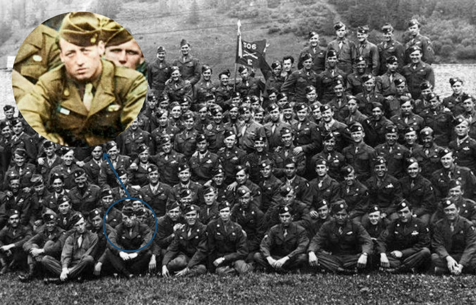 Group photo of "Easy" Company, 2nd Battalion, 506th Parachute Infantry Regiment, 101st Airborne Division + Edward "Babe" Heffron sitting with his comrades