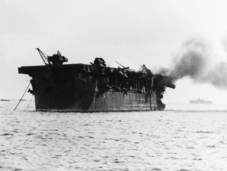 Smouldering remains of the USS Independence (CVL-22)