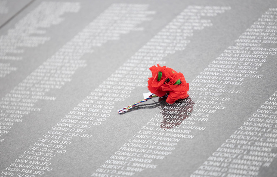 Flower laid around the Wall of Remembrance at the Korean War Veterans Memorial