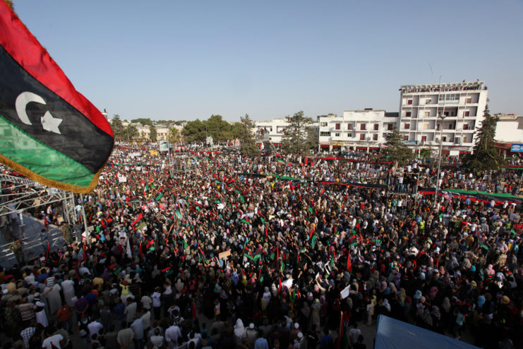 Large crowd gathered in a street in Libya