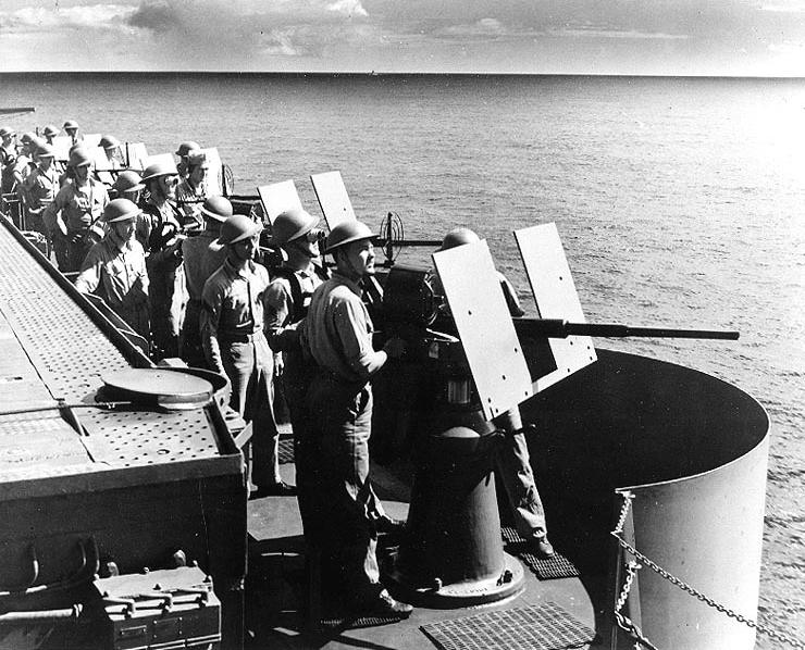 US Marines manning the forward port side 20 mm gun battery onboard the USS Yorktown (CV-5)
