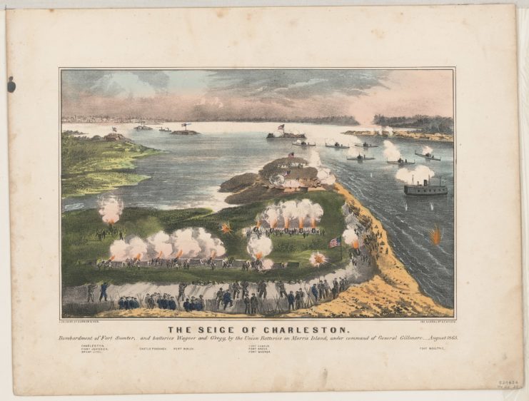 An illustration of gunfire from ground and naval forces of a fort stationed along a coastline.