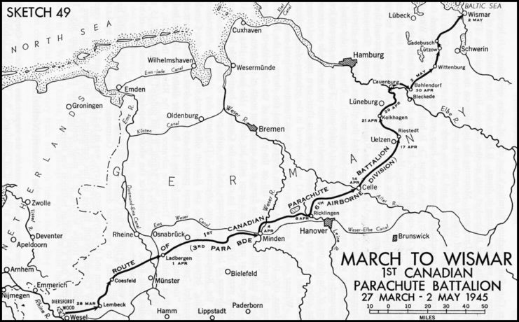 Map showing the 1st Canadian Parachute Battalion's march to Wismar, Germany