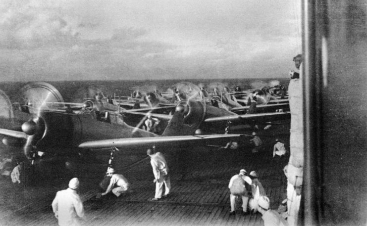 Aircraft preparing to takeoff from the flight deck of Akagi